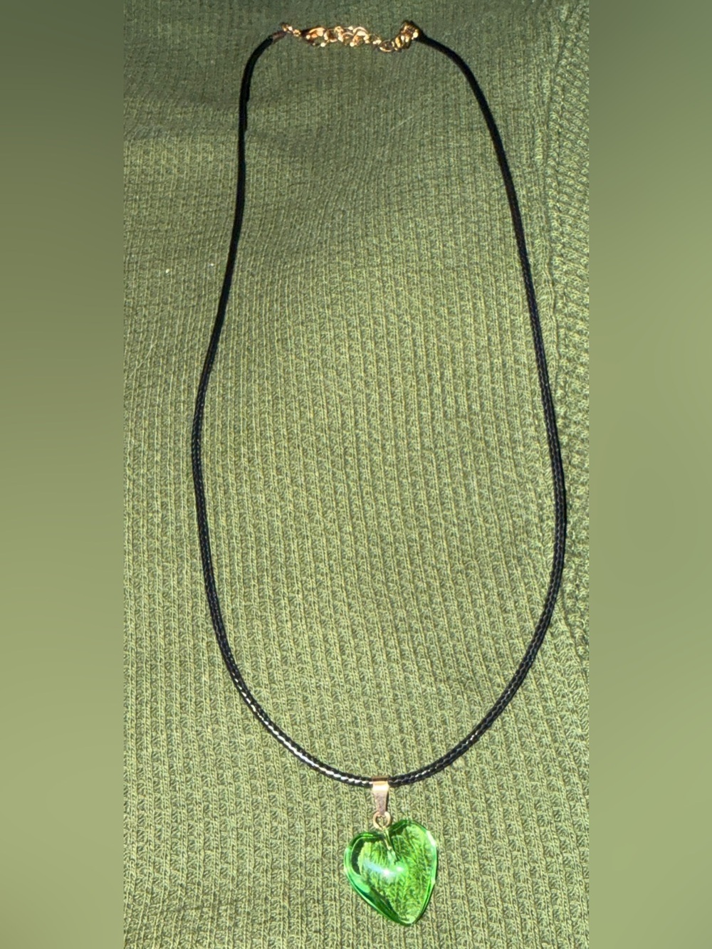 Handmade Green Heart Pendant Necklace - Black Cord